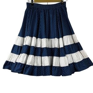 Vintage 80s Malco Modes Partners Please Navy Polka Dot Tiered Skirt M Rockabilly